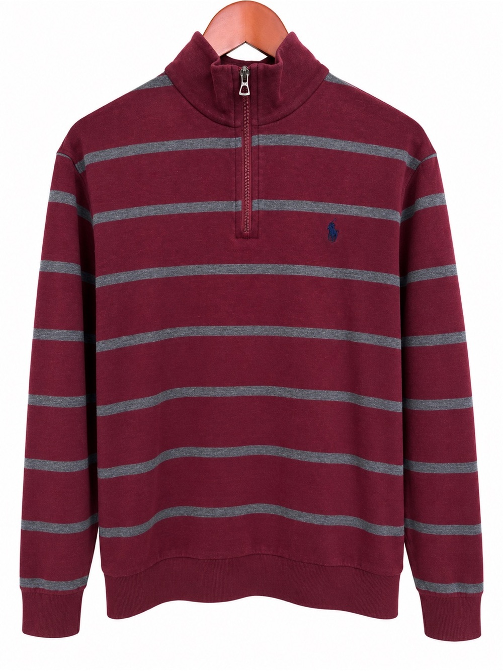 POLO Ralph Lauren Quarter Zip Pullover Burgundy Gray Stripe Men's L